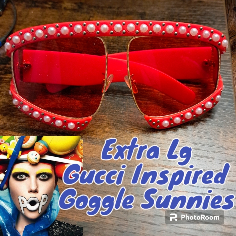 NEW Red XXL Pearl & Gold Stud Adorned Mod Designer Sunglasses Statement Goggles